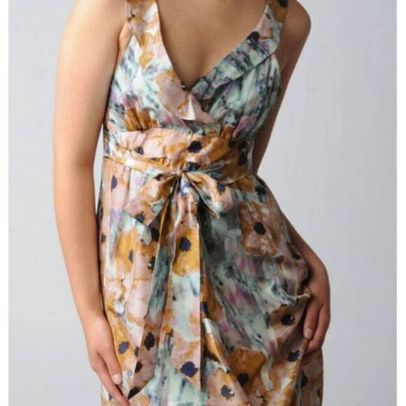 Theory Galla Dress Silk Watercolor Wrapover Bodice Open Back Ruffled Tie Waist 8 - Picture 2 of 14